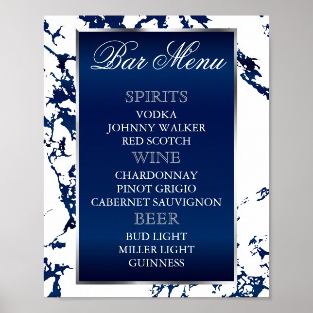 Poster Marbre Bleu Marine, Argent & Blanc - Menu du Bar (Devant)