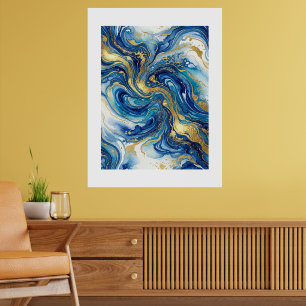 Poster Marbre Bleu Or Luxe Abstrait Art Fluide Mural