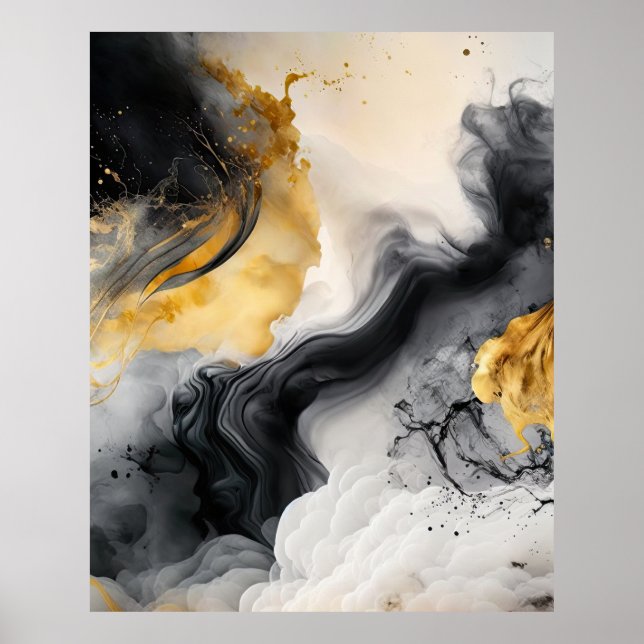 Poster Marbre d'aquarelle noir et or (Devant)