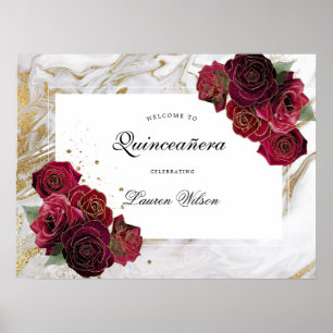 Poster marbre d'or Quinceanera rose florale