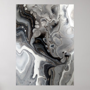 Poster Marbre fluide noir blanc Abstrait Gris Argent