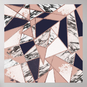 Poster Marbre géométrique de pêche de bleu marine et or