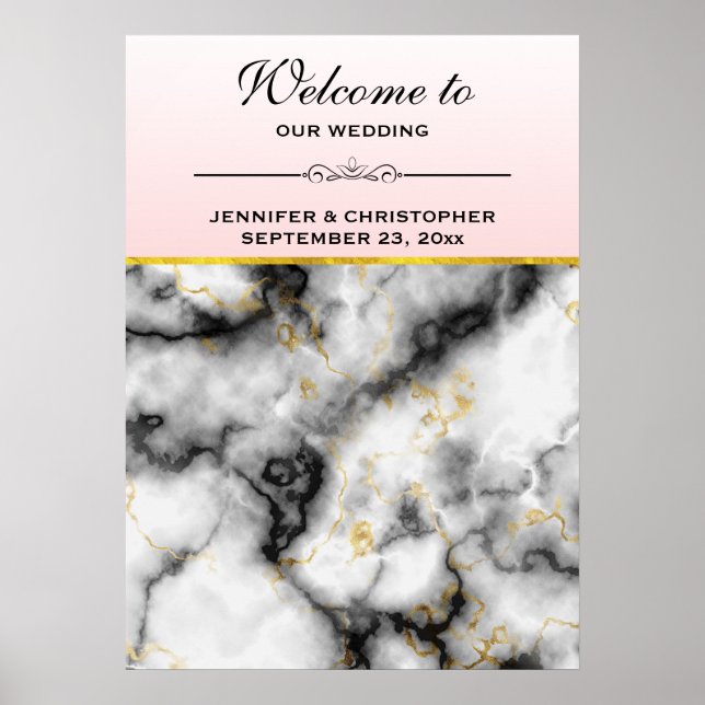 Poster Marbre gris blanc moderne Mariage accueil (Devant)