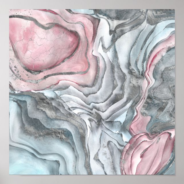 Poster Marbre rose blush - roses pastel et argent (Devant)