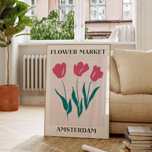 Poster Marché aux fleurs Amsterdam Tulipes roses Floral (In situ Living room)