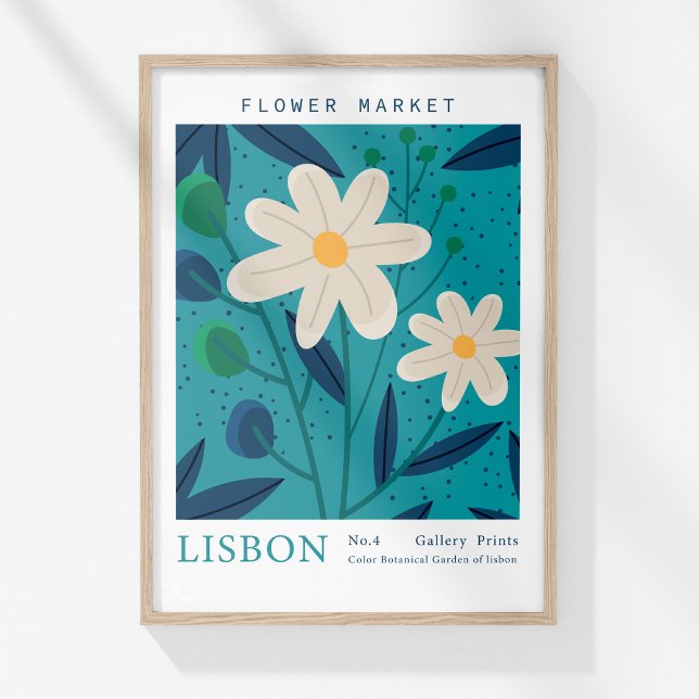 Poster Marché aux Fleurs Retro Lisbonne Fleurs Abstraites (Retro Flower Market Lisbon Abstract Flowers Poster in a wooden frame on a sunny wall.)
