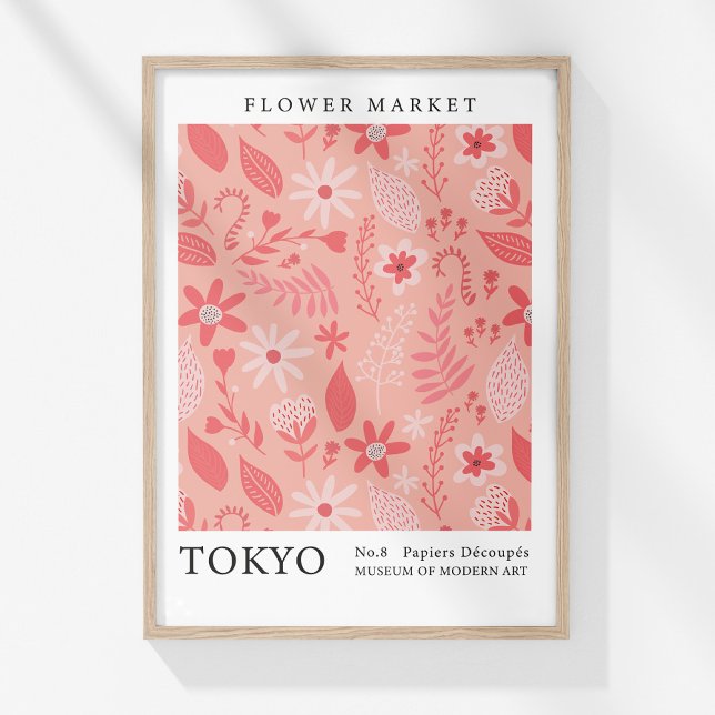 Poster Marché aux fleurs rétro Tokyo Fleurs Abstraites ro (Retro Flower Market Tokyo Pink Abstract Flowers Poster in a wooden frame on a sunny white wall.)