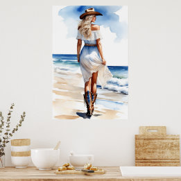 Poster Marche de la cow-girl côtière sur la plage aquarel