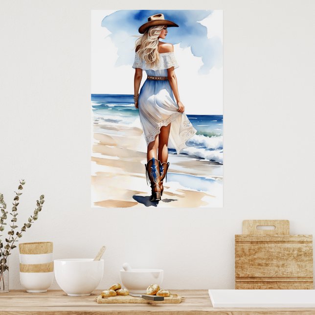 Poster Marche de la cow-girl côtière sur la plage aquarel (Cuisine)