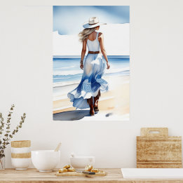 Poster Marche de la cow-girl côtière sur la plage aquarel