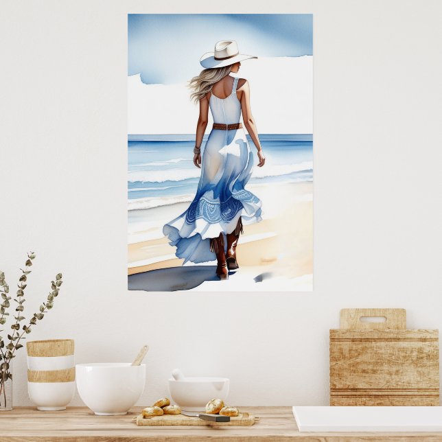 Poster Marche de la cow-girl côtière sur la plage aquarel (Cuisine)