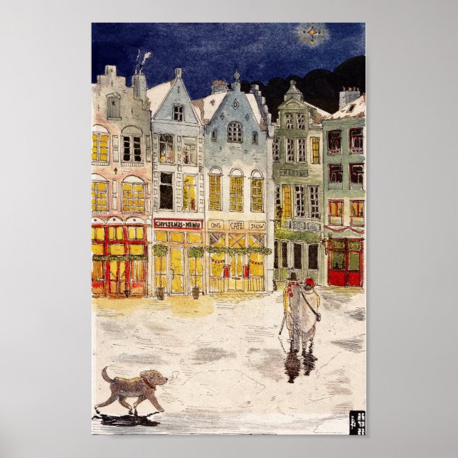 Poster Marché de Noël Belgique Aquarelle d'inspiration ré (Devant)