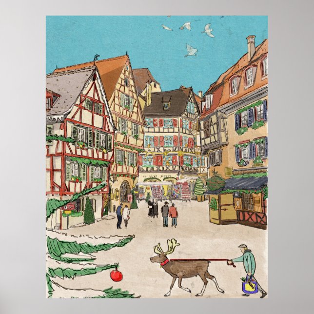 Poster Marché de Noël Strasbourg France d'inspiration rét (Devant)