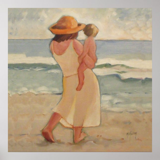 Poster Marche de plage avec mère et bébé (Devant)