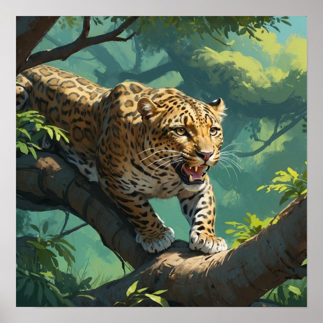 Poster Marche du léopard sur la peinture des branches d'a (Devant)