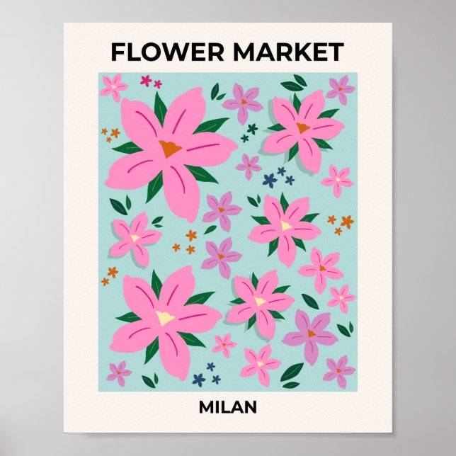 Poster Marché Fleur Milan Rose Et Turquoise Floral (Devant)
