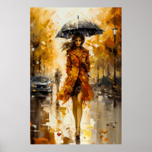 Poster Marcher la pluie d'automne : une méditation de fem