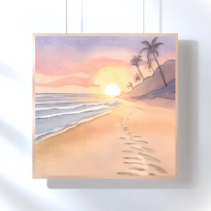 Poster Marcher sur la Plage Aquarelle Océan