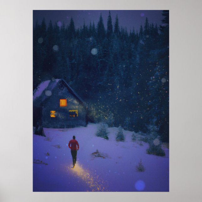 Poster Marcher vers un cabine dans les bois d'hiver (Devant)