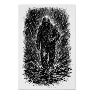 Poster Marcheur sous la pluie – Illustration à l'encre ha