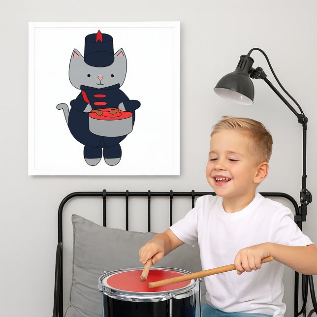 Poster Marching Band Cat Snare Drum Red Navy Blue (A poster featuring a cute gray cat playing the drums in a navy blue & red marching band uniform.)
