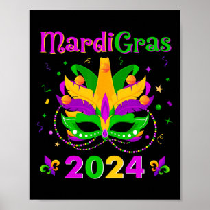 Poster Mardi Gras 2024 Mask Fleur De Lys Beads Nola Carni