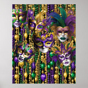 Poster Mardi Gras Carnaval Purple Green Masques perles Ar