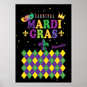 Poster Mardi Gras Carnival Fleur de Lis Diamond Harlequin