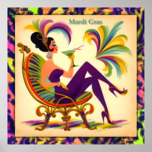 Poster Mardi Gras Femme Au Milieu Du Siècle Avec Martini