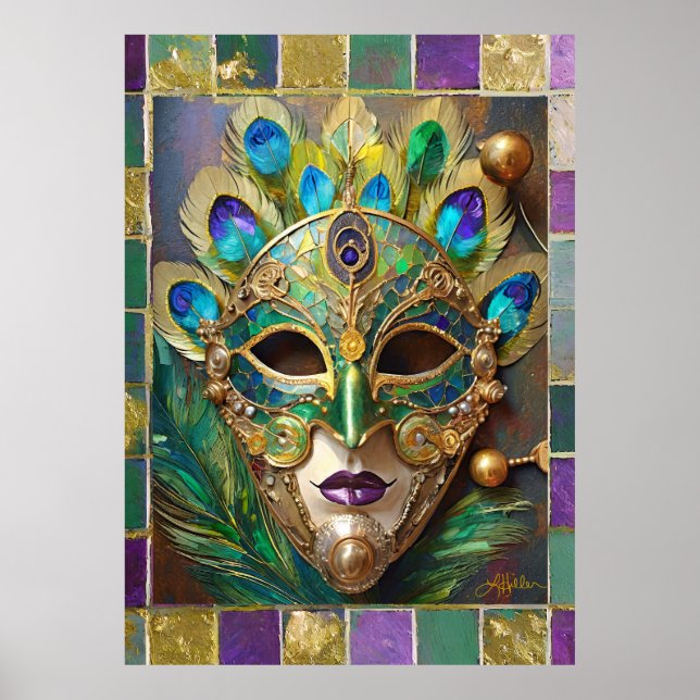 Poster Mardi Gras Gold Ceramic Peacock Feature Masque (Devant)