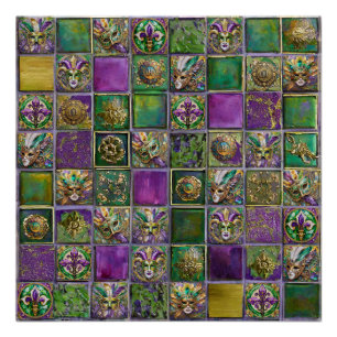 Poster Mardi Gras Masques Plumes Fleur de lis Carreaux Im