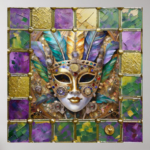 Poster Mardi Gras Or & Céramique Masque de plumes colorée