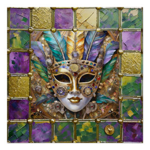Poster Mardi Gras Or & Céramique Masque de plumes colorée