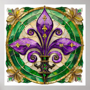 Poster Mardi Gras Vitrail Fleur de lis