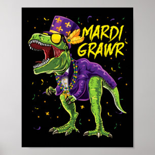 Poster Mardi Grawr T-rex Dinosaur Dino Mardi Gras Enfants