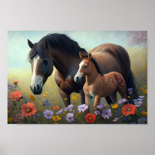 Poster Mare et poulain dans un champ de fleurs