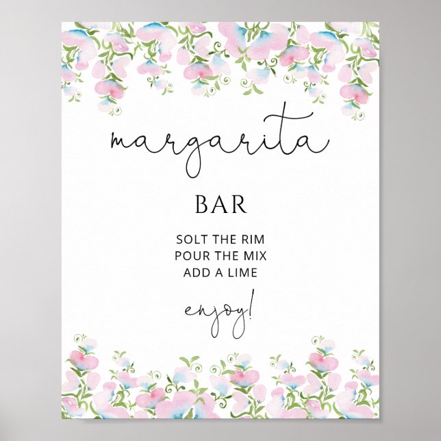 Poster Margarita Bar Fête des mariées florale rose pâle (Devant)
