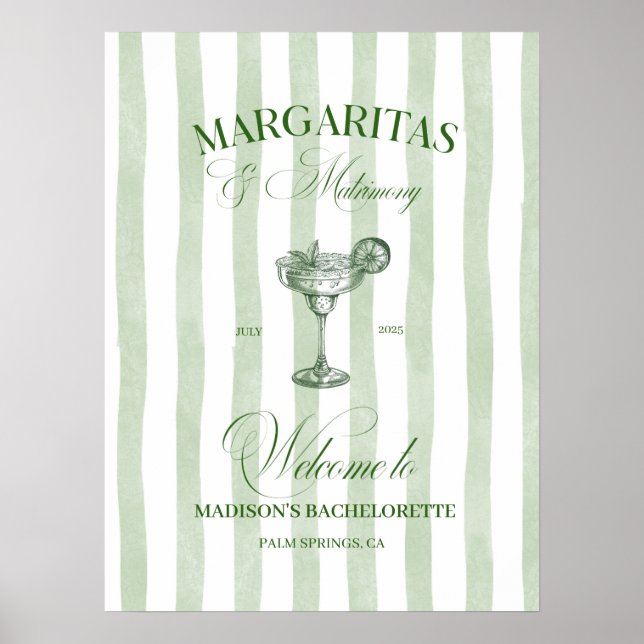 Poster Margaritas et Bachelorette rayée de mariage (Devant)