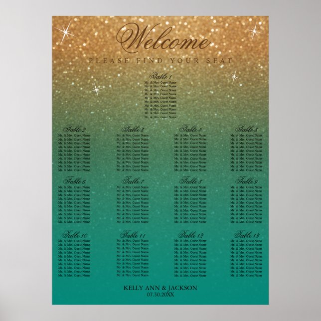Poster Mariage 13 Siège - Parties scintillant Turquoise e (Devant)