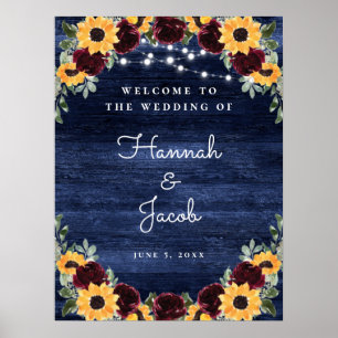 Poster Mariage à cordes de la marine de tournesol en bois