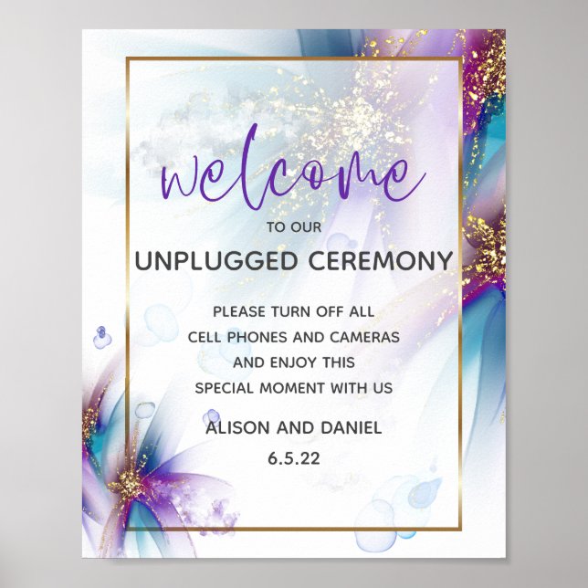 Poster Mariage Accueil Turquoise violet Fleurs Abstraites (Devant)