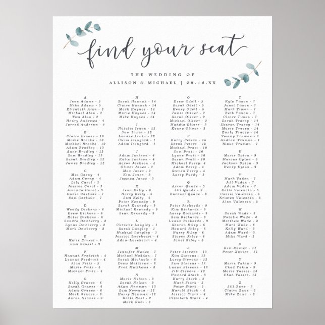 Poster Mariage Alphabétique Eucalyptus (Devant)