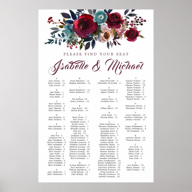 Poster Mariage alphabétique floral rouge foncé (Devant)