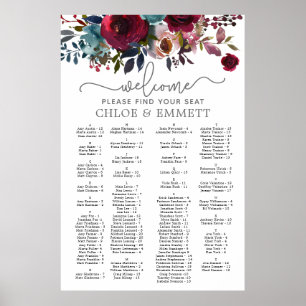 Poster Mariage alphabétique floral rouge foncé