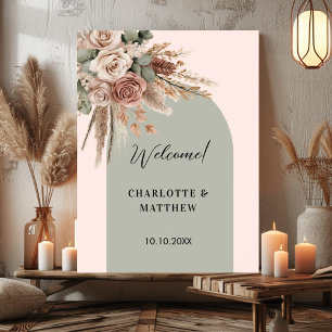 Poster Mariage arche rose sauge vert taupe pampas rose