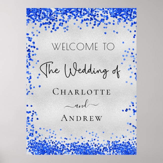 Poster Mariage argent bleu bleu confetti bienvenue (Devant)