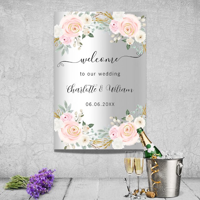 Poster Mariage argent rose fleurs script bienvenue (Créateur téléchargé)
