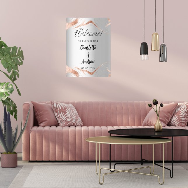 Poster Mariage argent rose or marbre veines bienvenue (Créateur téléchargé)