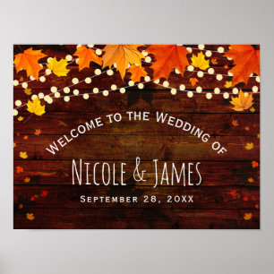 Poster Mariage Automne Rustique Bois & Guirlande Lumineus