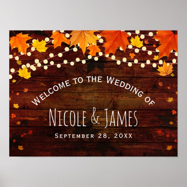Poster Mariage Automne Rustique Bois & Guirlande Lumineus (Devant)